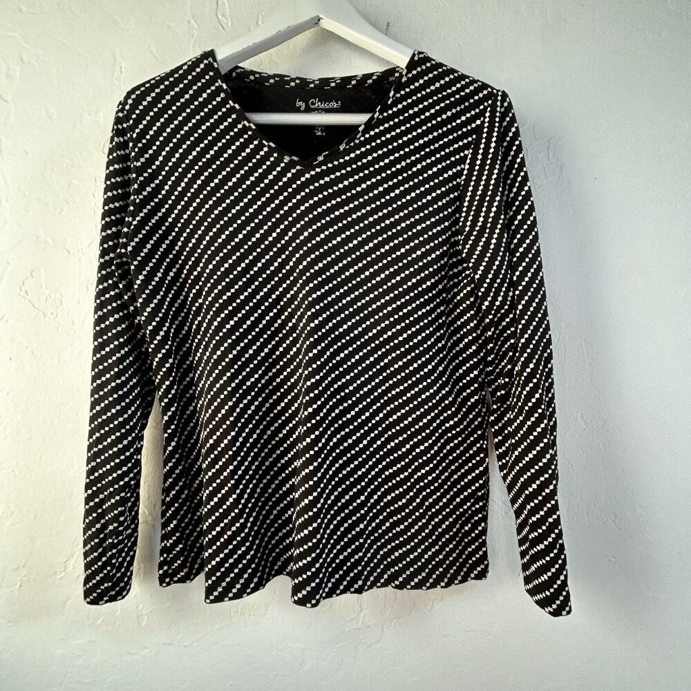 Chico's Womens Black White Diagonal Dot Print Cotton Long Sleeve Top Size 2
